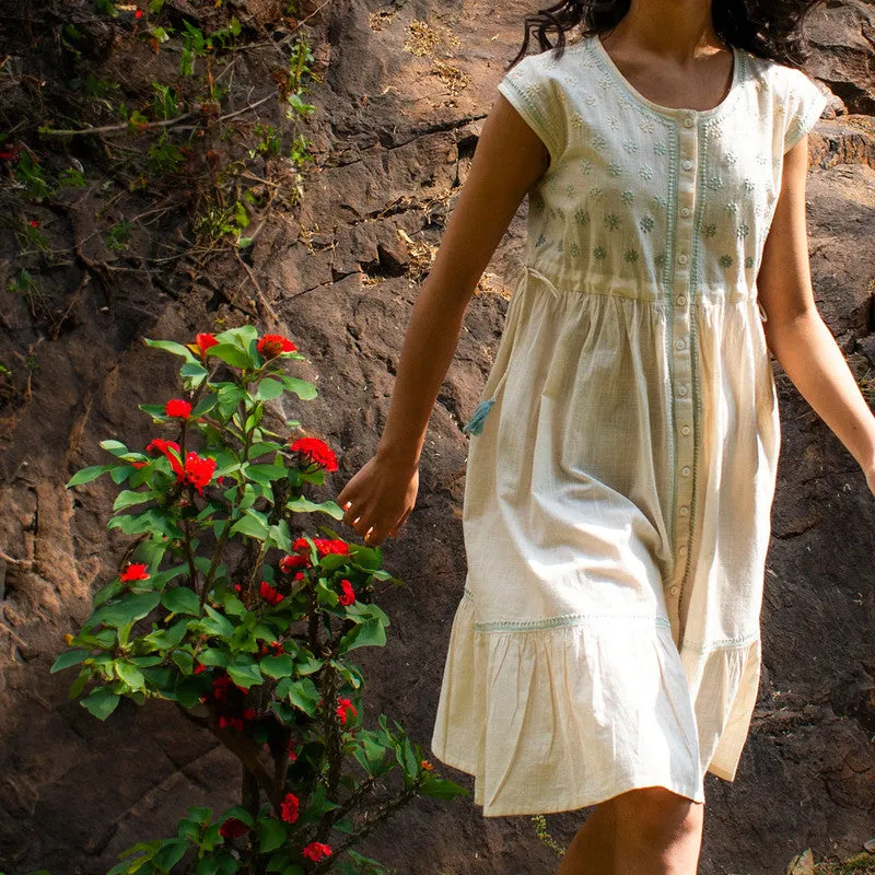 Pure Cotton Sleeveless Dress | Off-White | Hand Embroidered