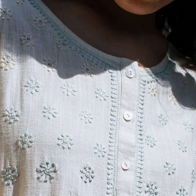 Pure Cotton Sleeveless Dress | Off-White | Hand Embroidered