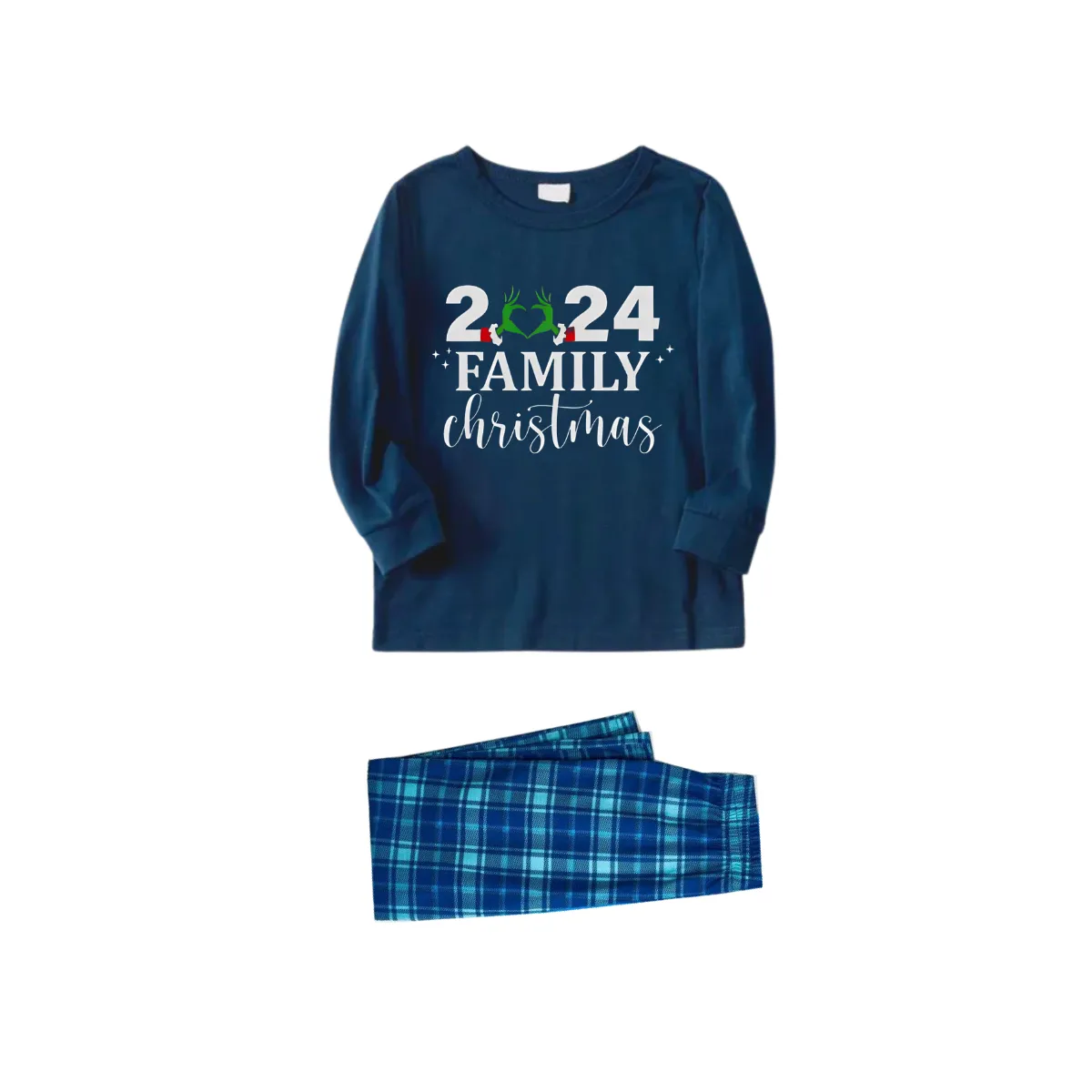 "2024 Family Christmas" Quirky Heart Letter Print Blue Long Sleeve Top With Blue Plaid Family Matching Pajamas