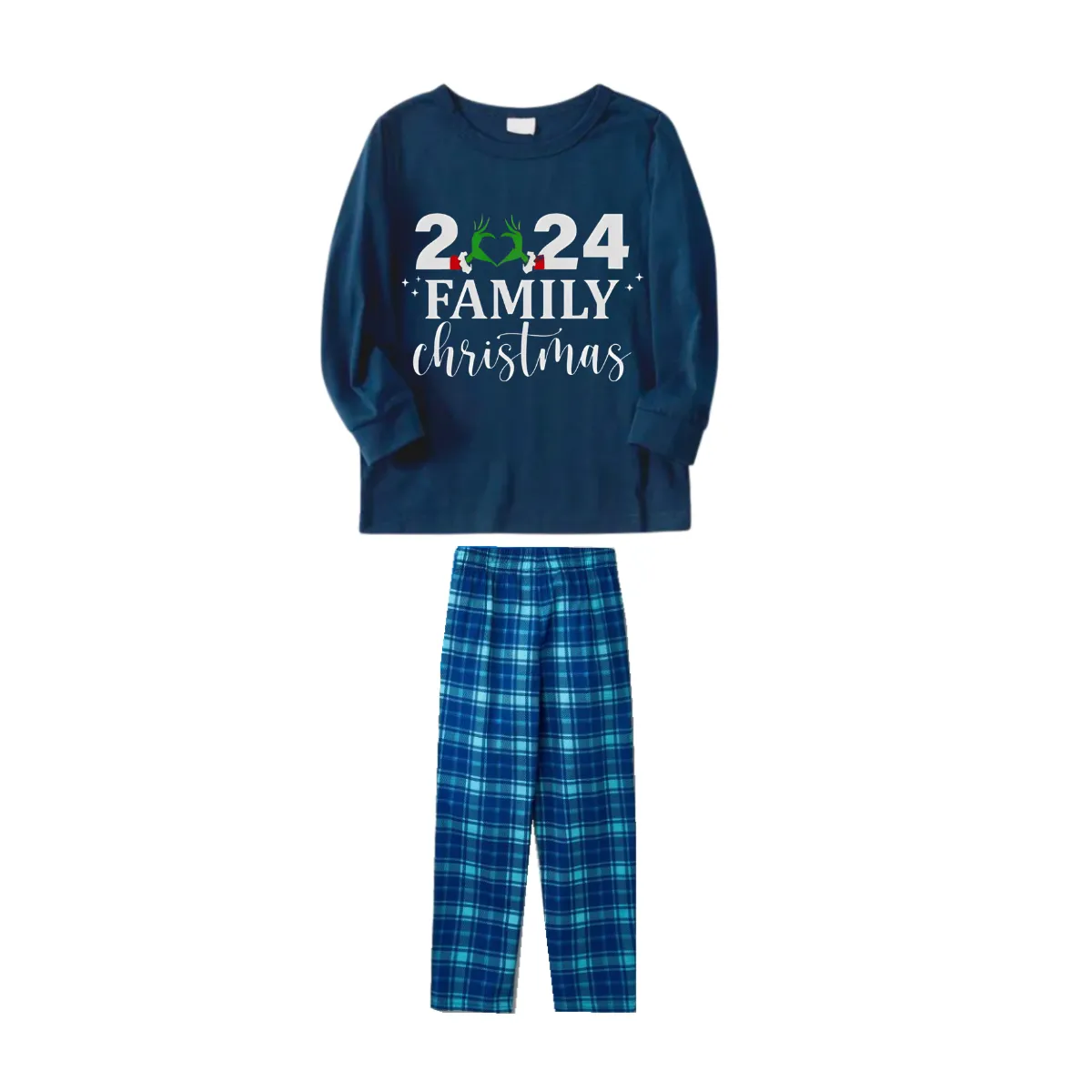 "2024 Family Christmas" Quirky Heart Letter Print Blue Long Sleeve Top With Blue Plaid Family Matching Pajamas