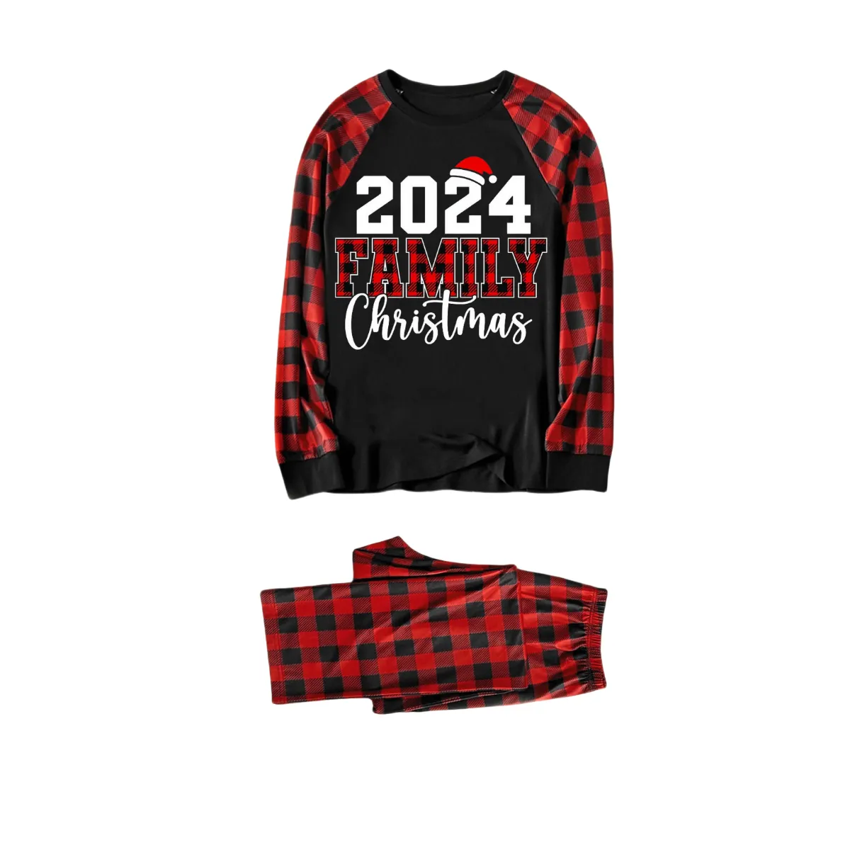 "2024 Family Christmas" Text Print Black & Red Plaid Christmas Matching Pajamas