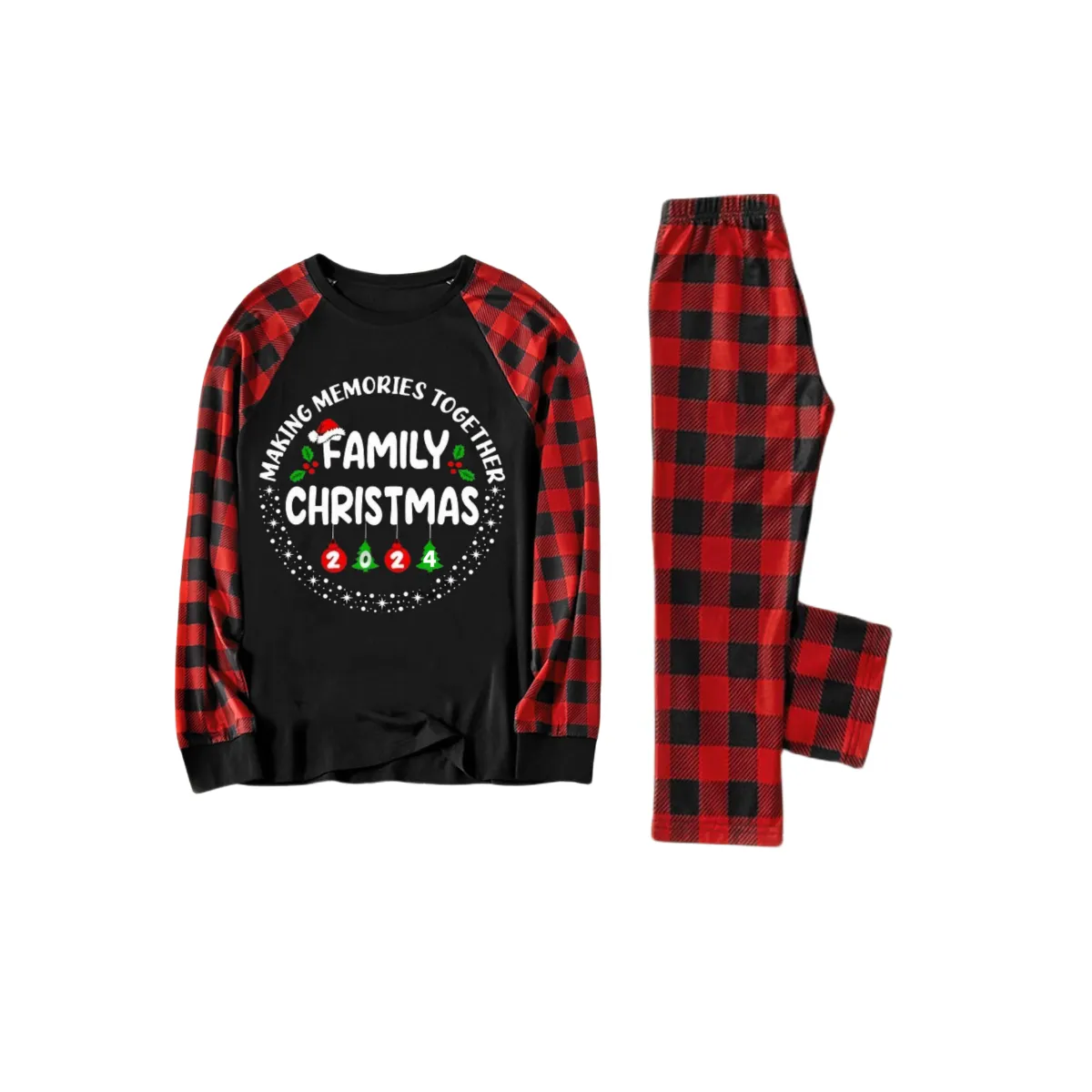 "Making Memories Together Family Christmas 2024" Text Print Black & Red Plaid Family Matching Pajamas