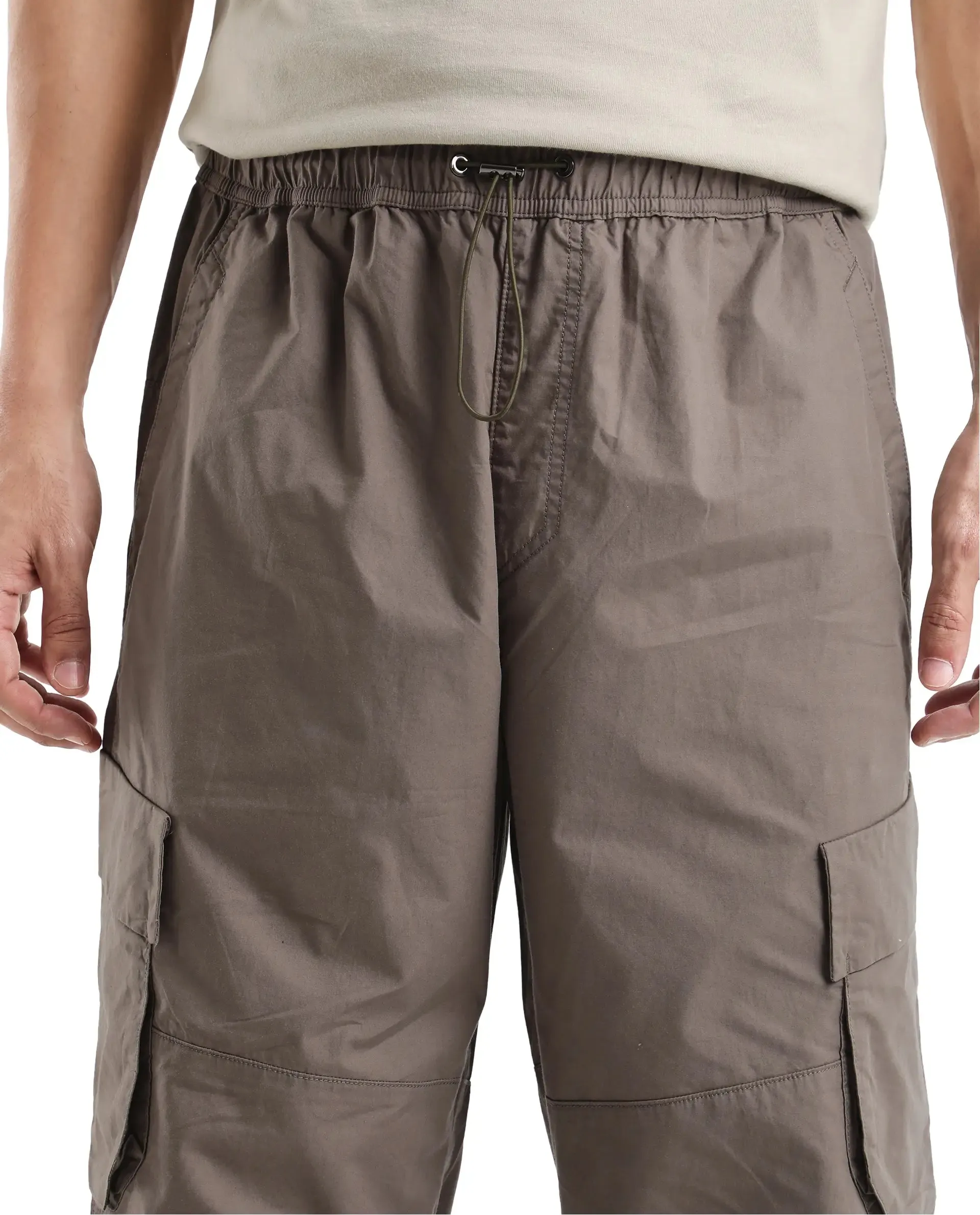 Rare Rabbit Men's Parc Dusky Olive Parachute Fabric Regular Fit Multipocketed Cargo Style Trouser