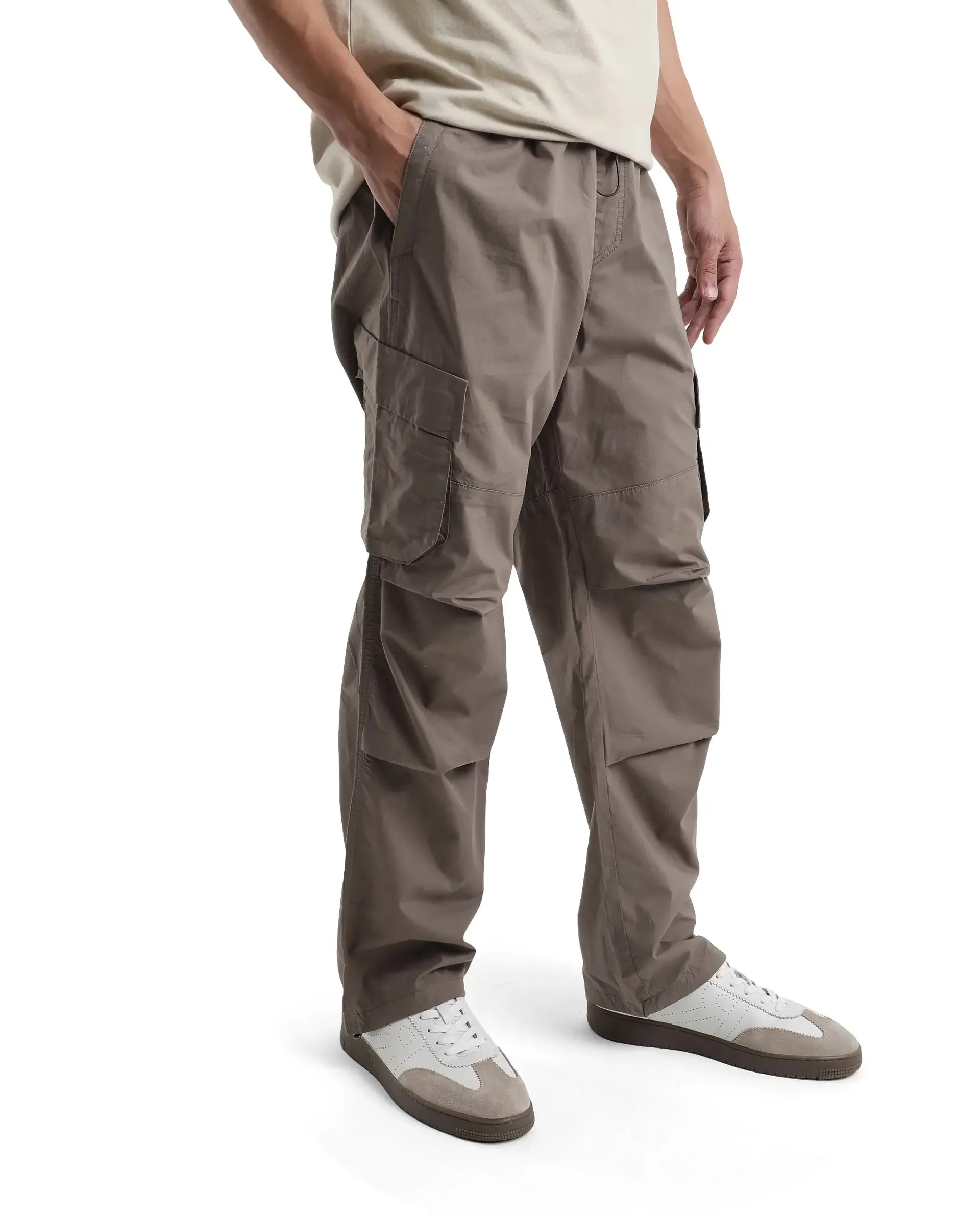 Rare Rabbit Men's Parc Dusky Olive Parachute Fabric Regular Fit Multipocketed Cargo Style Trouser