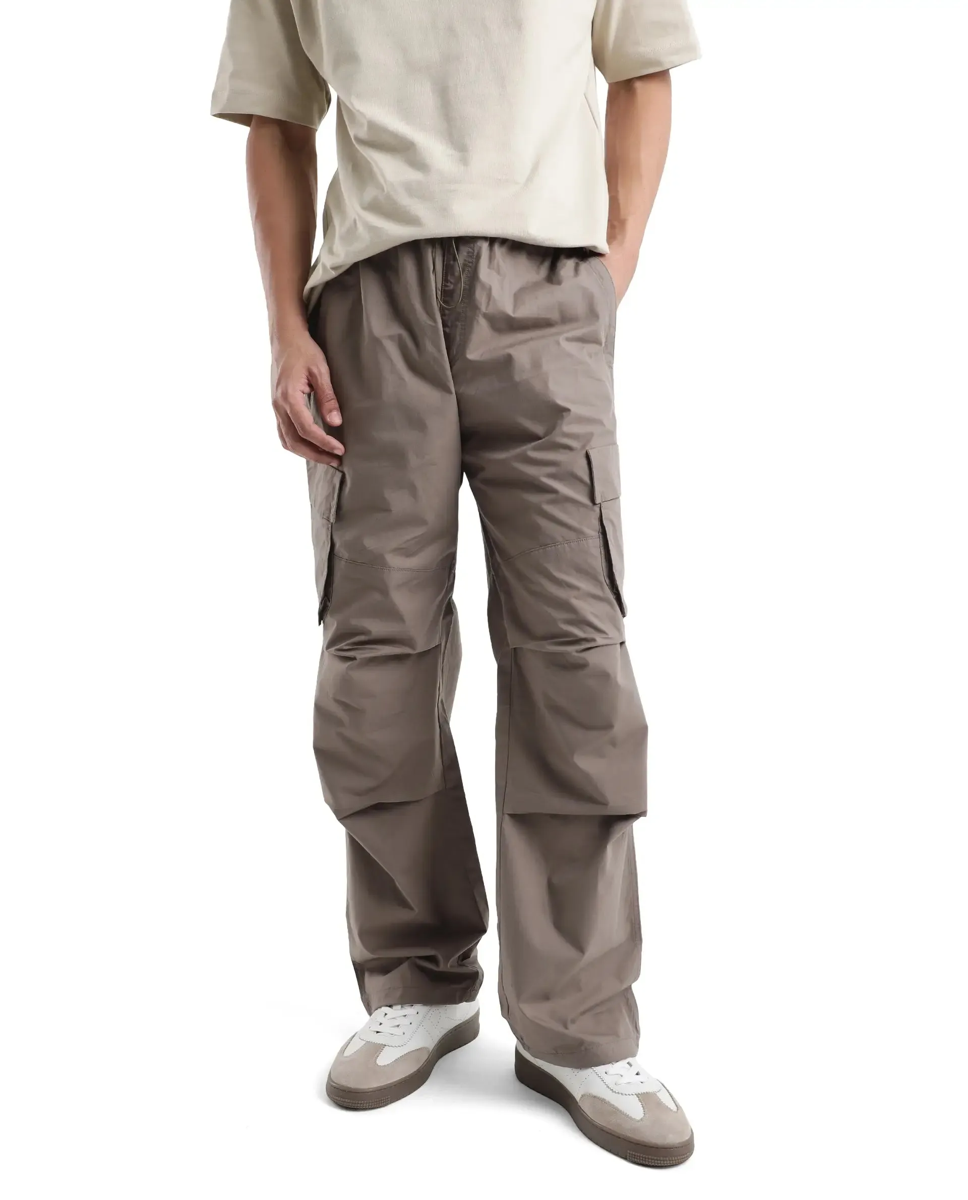 Rare Rabbit Men's Parc Dusky Olive Parachute Fabric Regular Fit Multipocketed Cargo Style Trouser