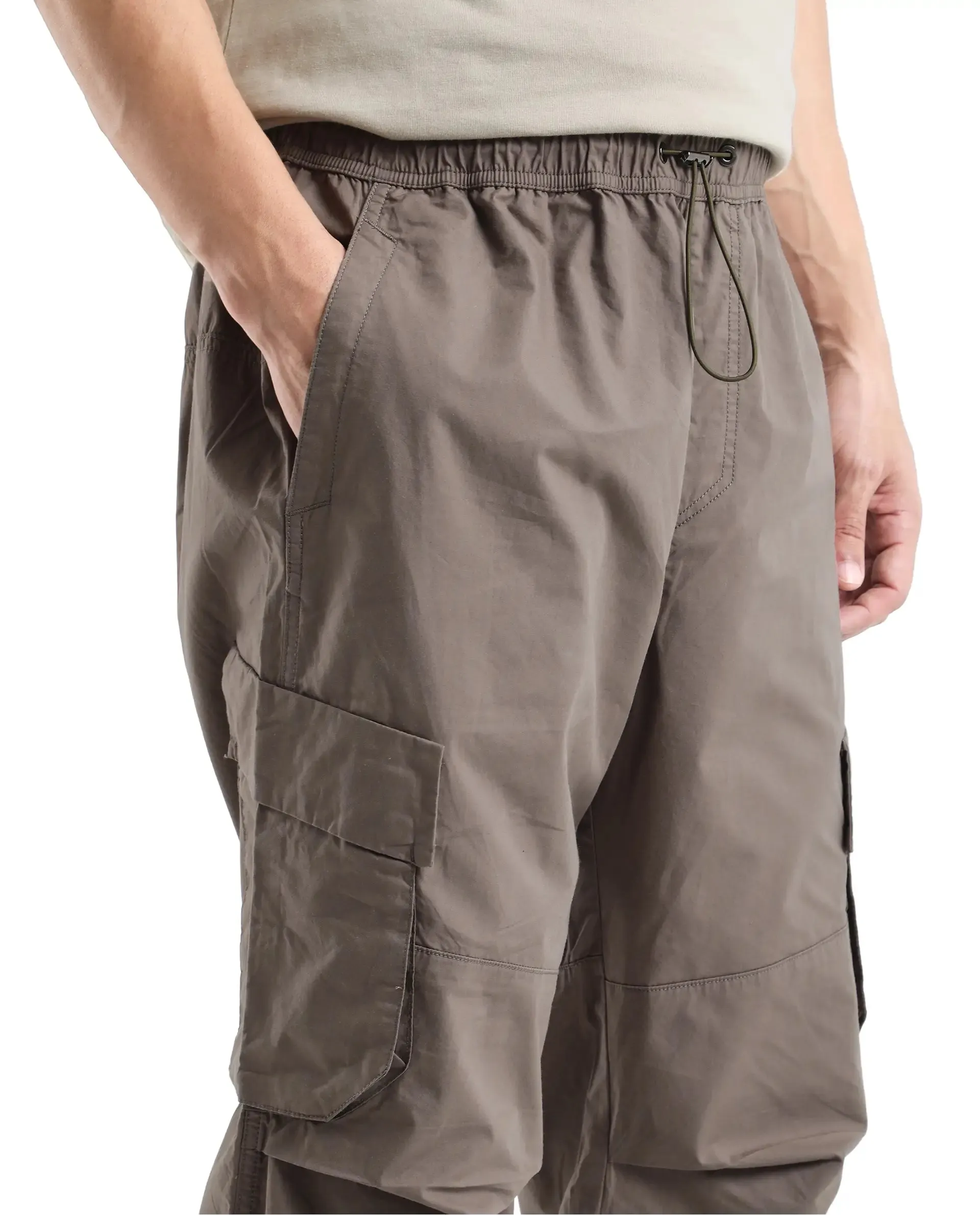 Rare Rabbit Men's Parc Dusky Olive Parachute Fabric Regular Fit Multipocketed Cargo Style Trouser