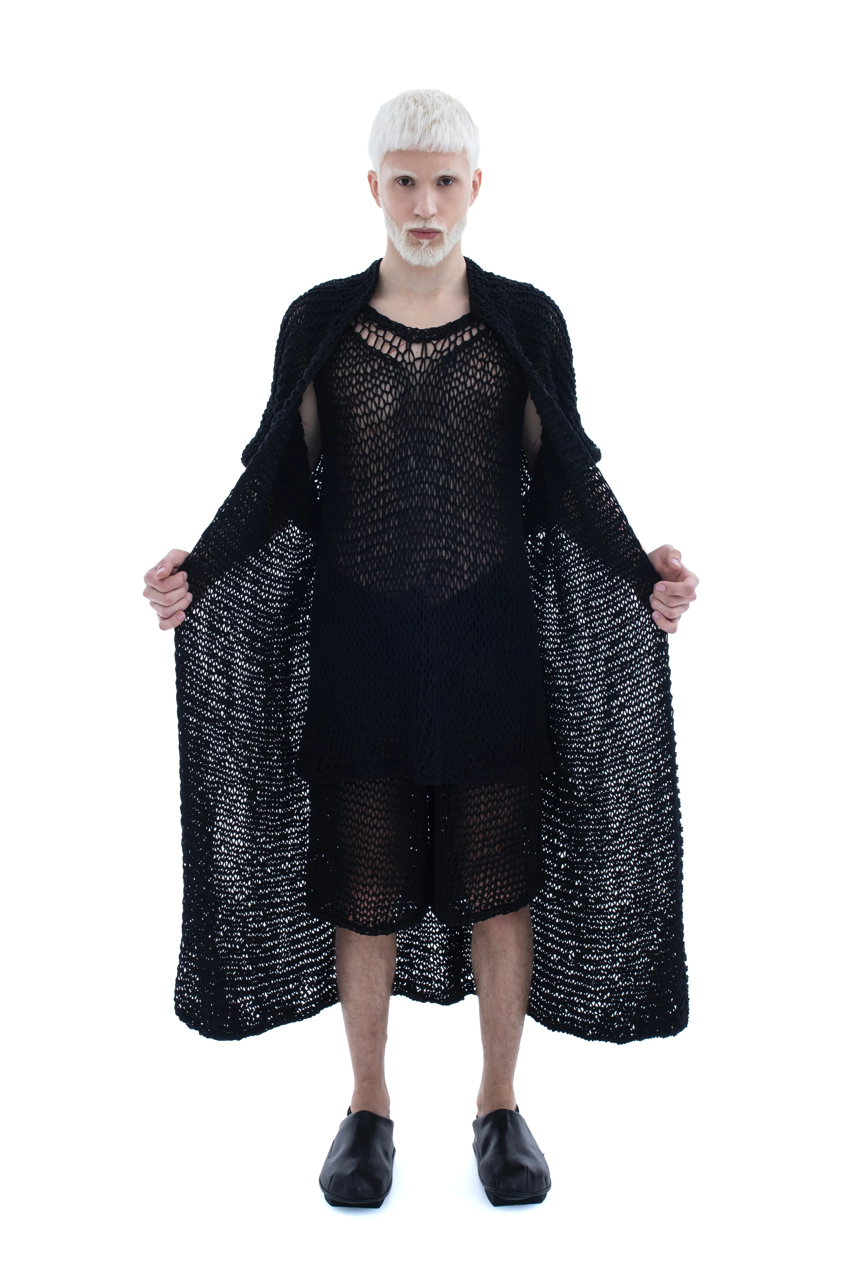 RUN(A)WAY LONG HAND-KNITTED DROP-SHOULDERED SHEER JACKET