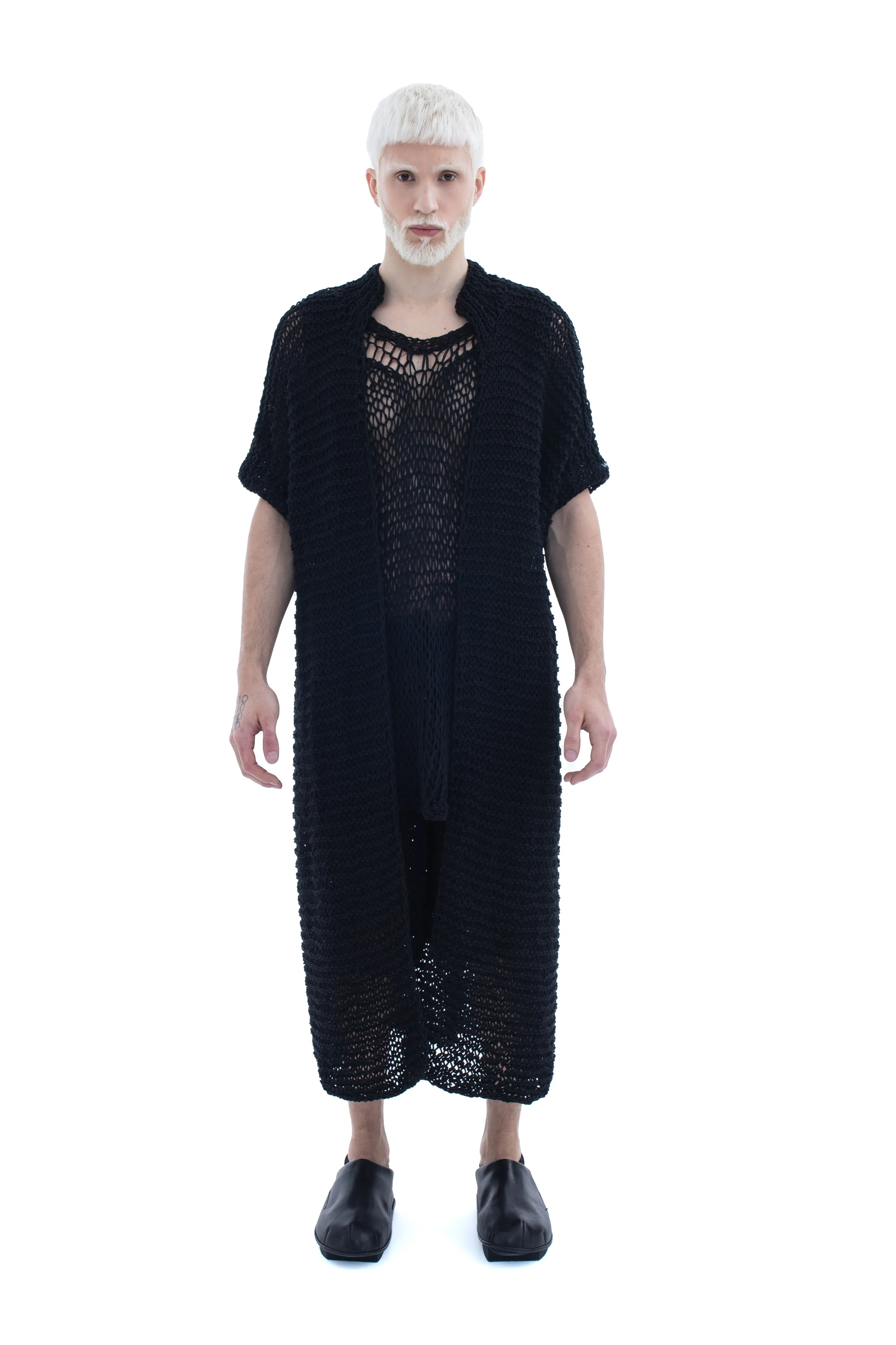 RUN(A)WAY LONG HAND-KNITTED DROP-SHOULDERED SHEER JACKET