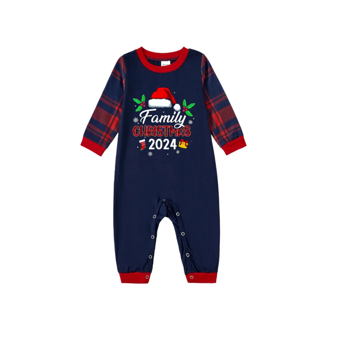 Santa Hat and "Family Christmas 2024" Printed Red and Blue Christmas Matching Pajamas