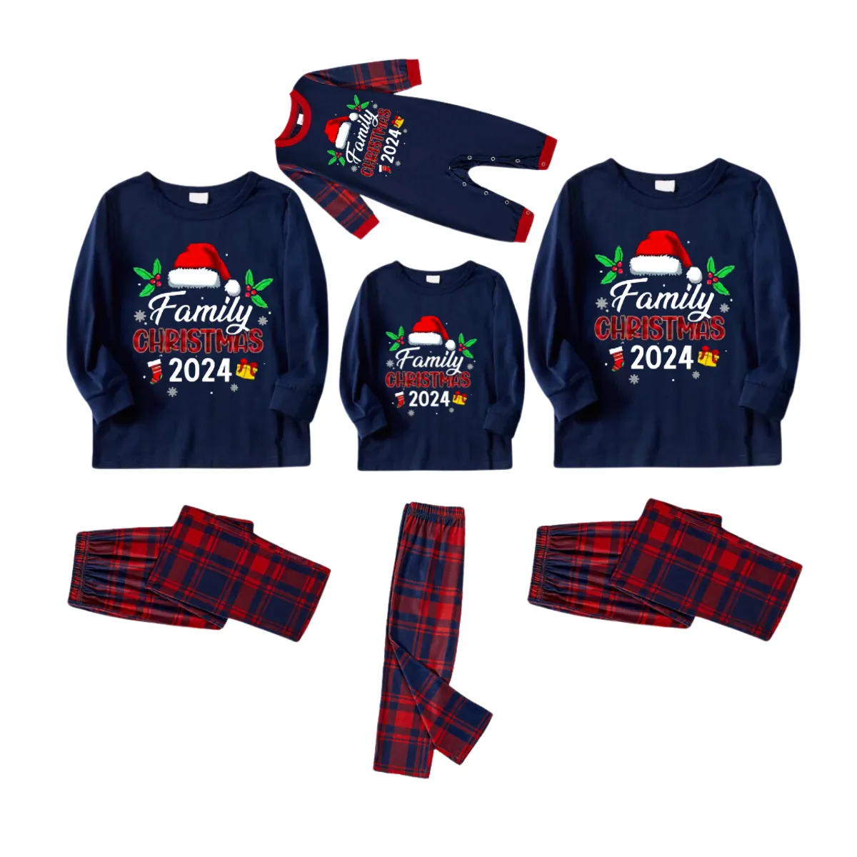 Santa Hat and "Family Christmas 2024" Printed Red and Blue Christmas Matching Pajamas