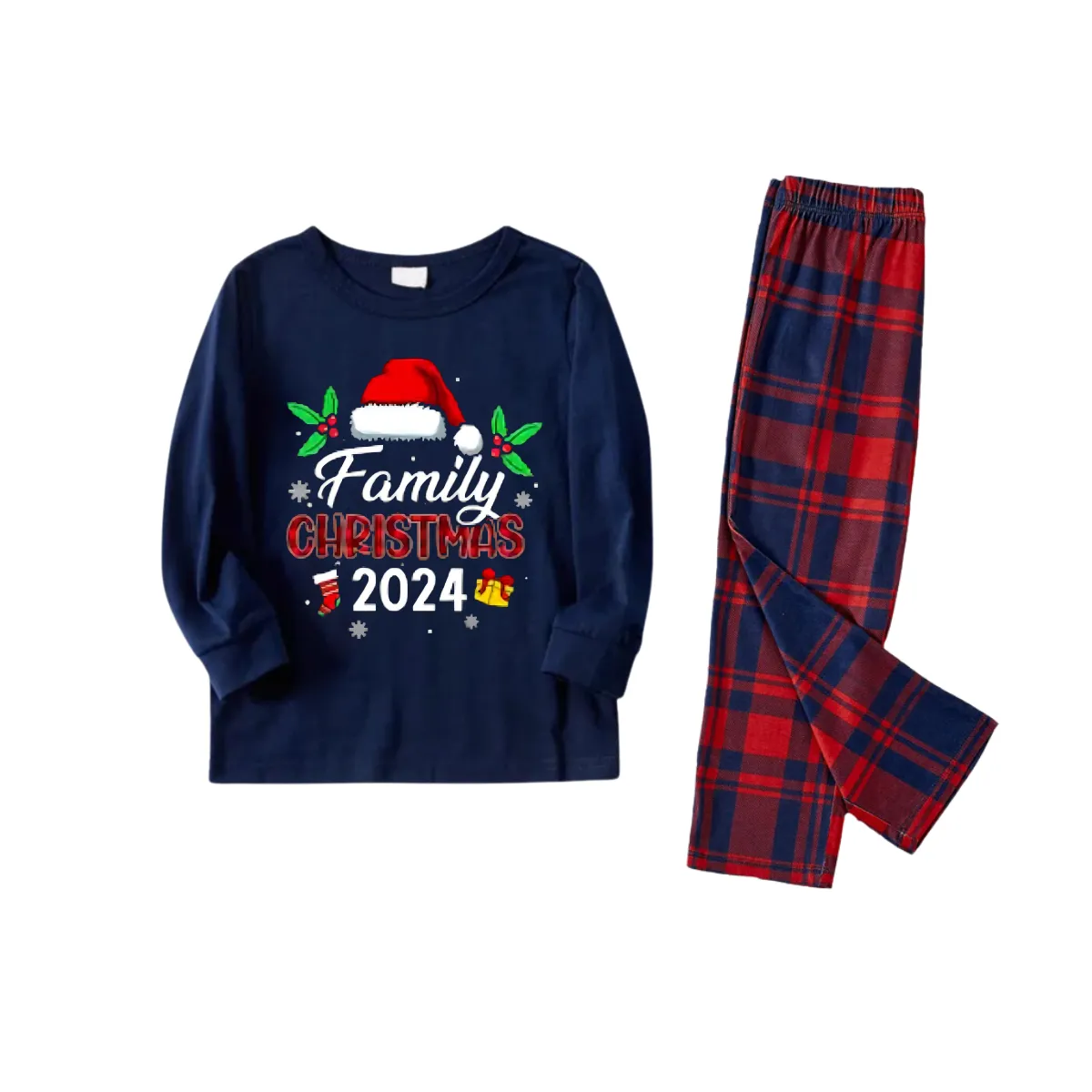 Santa Hat and "Family Christmas 2024" Printed Red and Blue Christmas Matching Pajamas