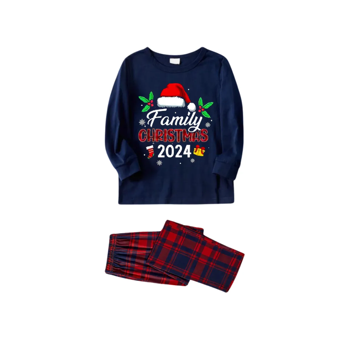 Santa Hat and "Family Christmas 2024" Printed Red and Blue Christmas Matching Pajamas