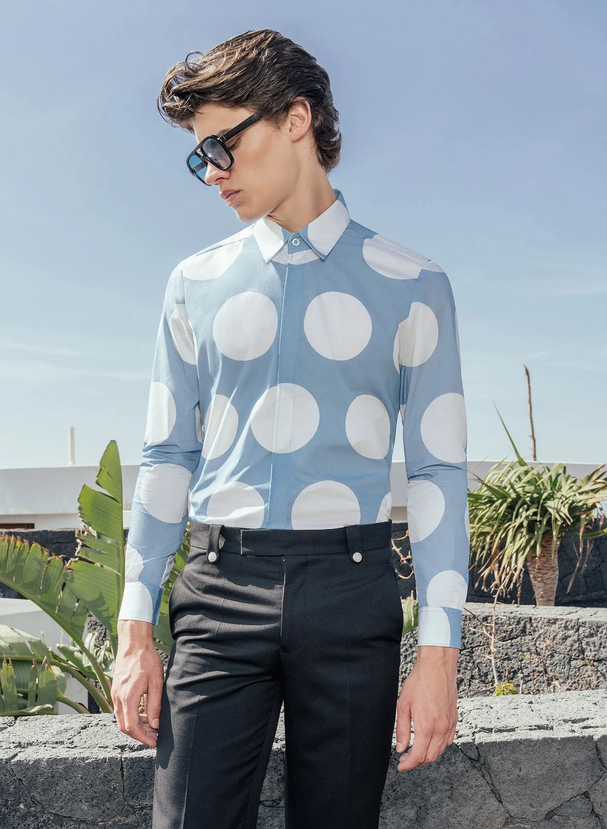 Sky Blue Oversize Polka Dot Viscose Shirt