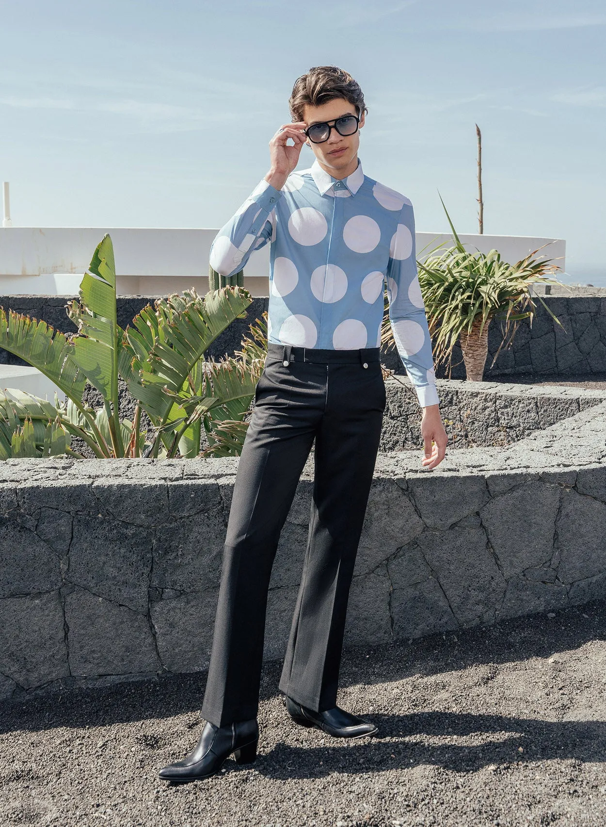 Sky Blue Oversize Polka Dot Viscose Shirt