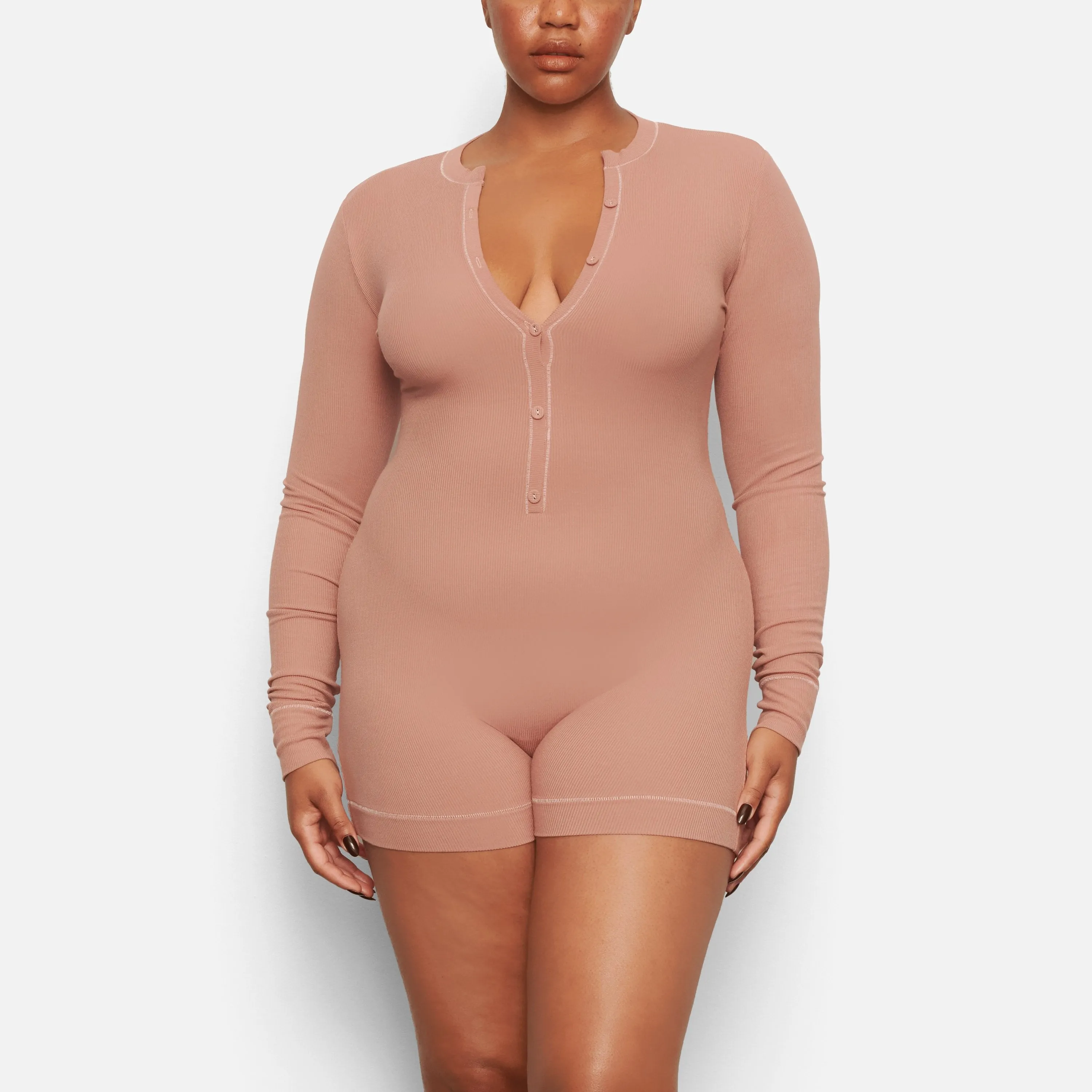 SOFT LOUNGE BUTTON UP HENLEY ONESIE | ROSE CLAY