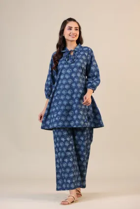 Stamped Motifs on Blue Collared Cotton Loungewear Set