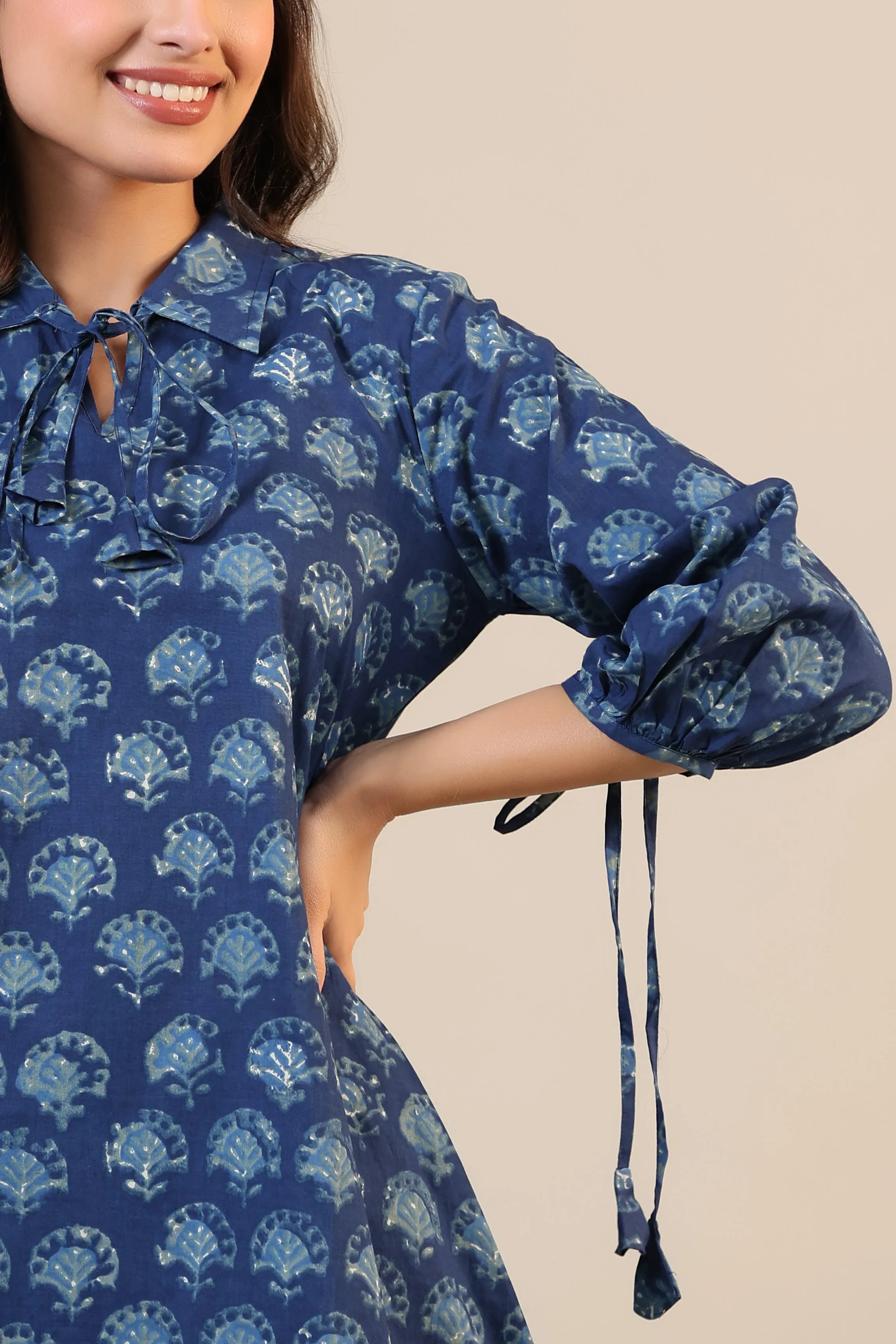 Stamped Motifs on Blue Collared Cotton Loungewear Set