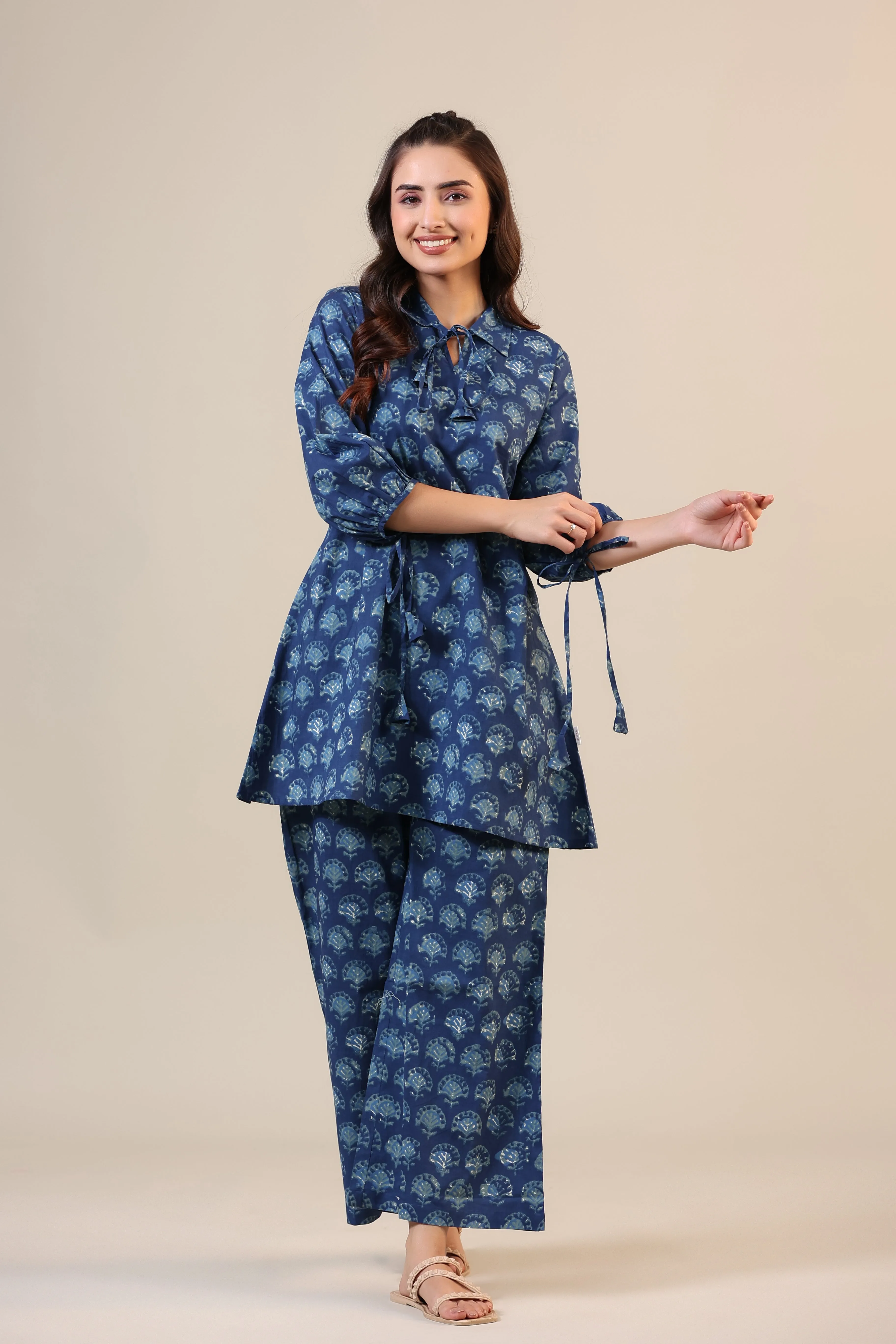 Stamped Motifs on Blue Collared Cotton Loungewear Set