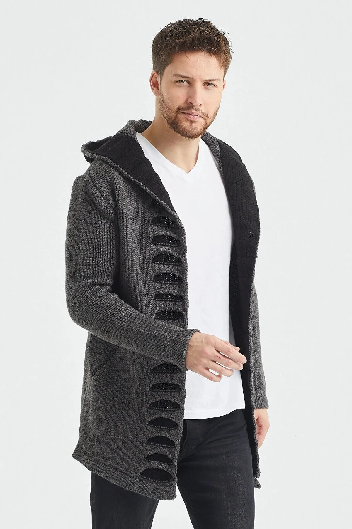 Tarz Cool Men's Smoked Patterned Poncho Knitwear Cardigan