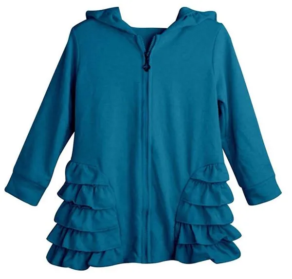 Teal Girls Ruffle Zip Up Hood Cardigans