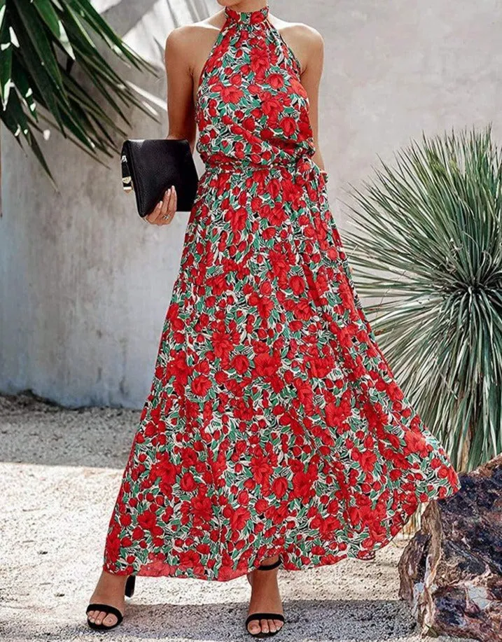 Women’s Casual Halter Neck Floral Backless Long Maxi Dress