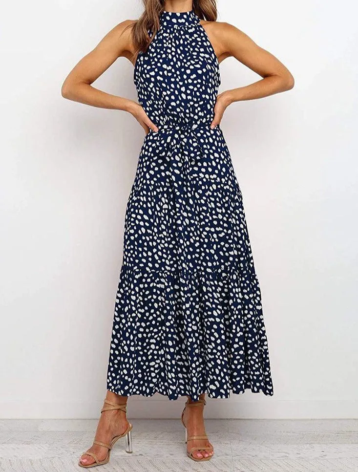 Women’s Casual Halter Neck Floral Backless Long Maxi Dress