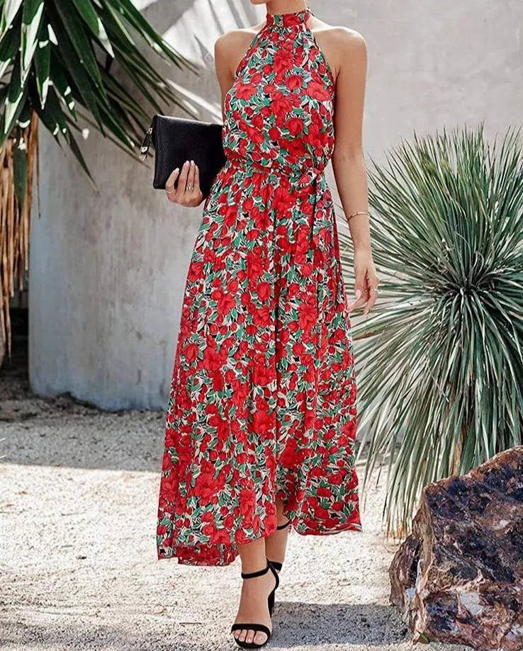 Women’s Casual Halter Neck Floral Backless Long Maxi Dress