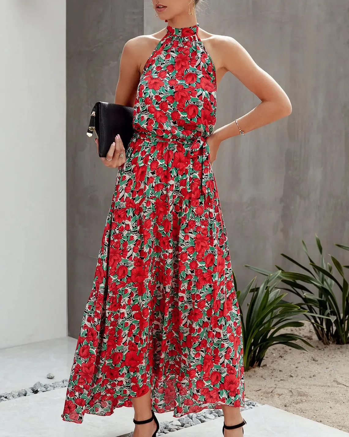 Women’s Casual Halter Neck Floral Backless Long Maxi Dress