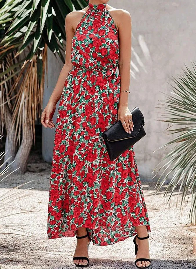 Women’s Casual Halter Neck Floral Backless Long Maxi Dress