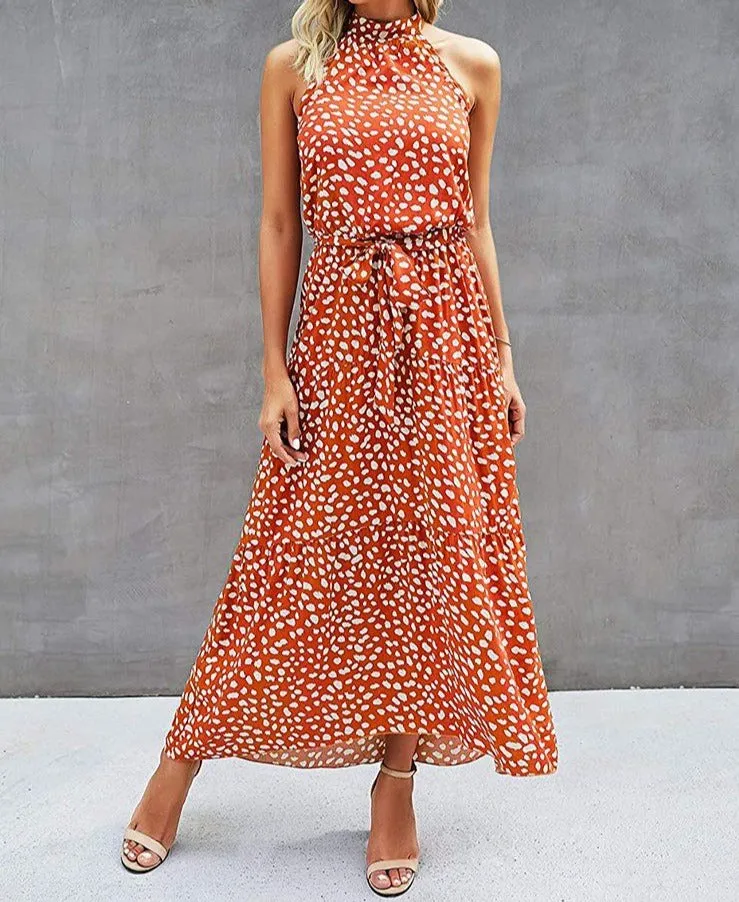 Women’s Casual Halter Neck Floral Backless Long Maxi Dress