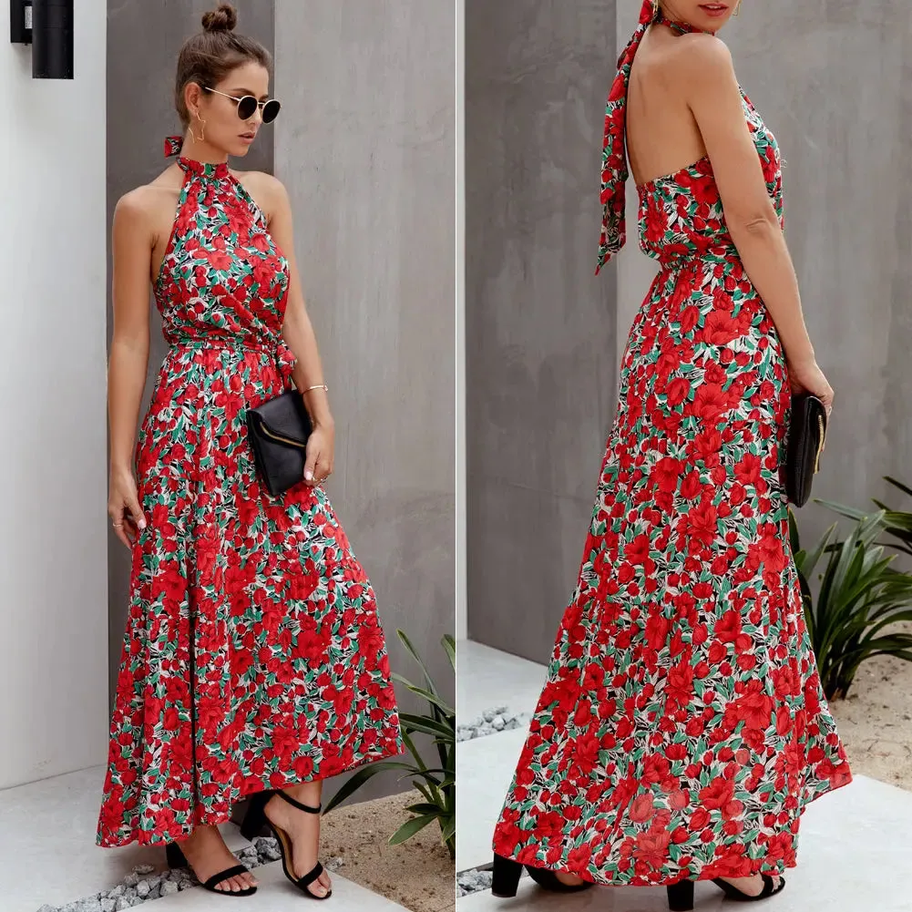 Women’s Casual Halter Neck Floral Backless Long Maxi Dress