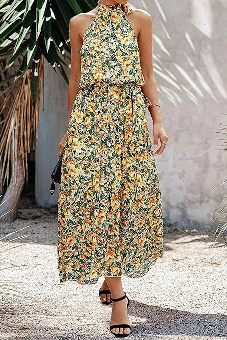 Women’s Casual Halter Neck Floral Backless Long Maxi Dress