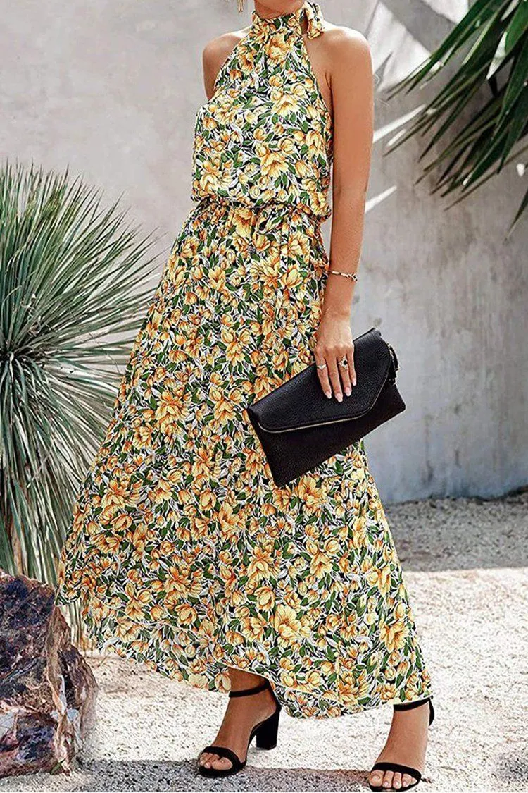 Women’s Casual Halter Neck Floral Backless Long Maxi Dress