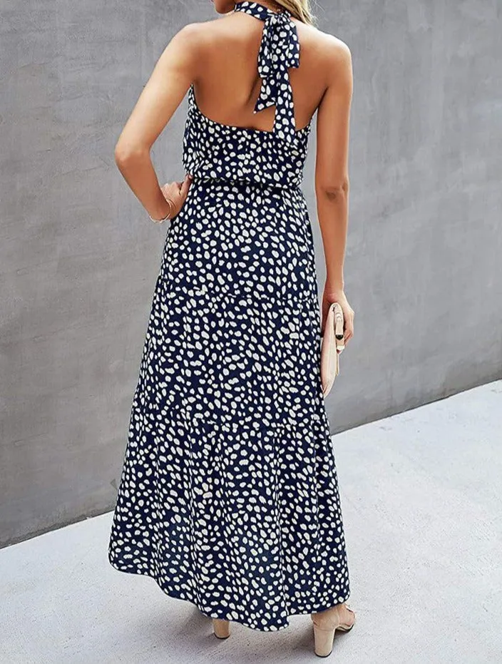 Women’s Casual Halter Neck Floral Backless Long Maxi Dress