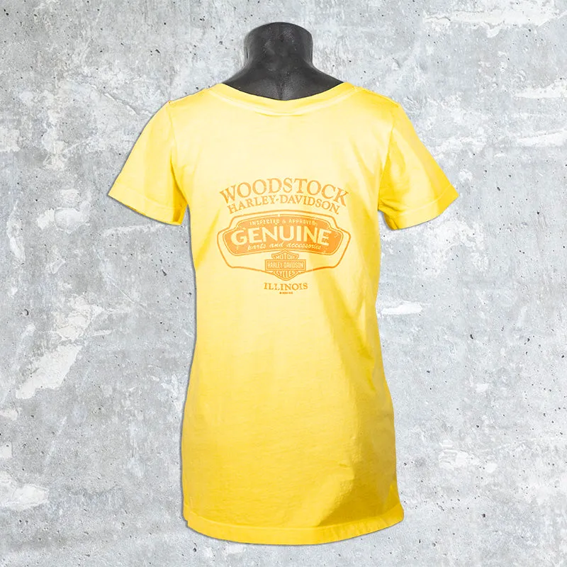 Woodstock Harley Davidson- Yellow Whispering Logo V-Neck Shirt